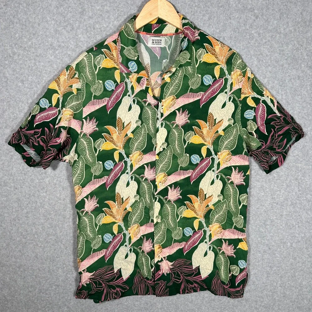 Scotch & Soda Amsterdam Mens XL Tropical Botanical Viscose SS Loop Collar Shirt